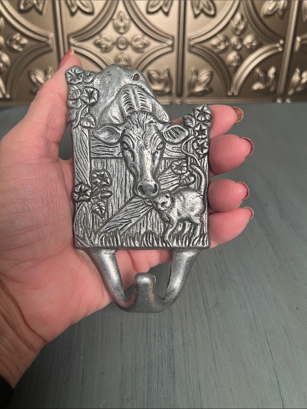 Vintage hook-Cow & kitten Metal Wall Hook in Aluminum. Ready to hang